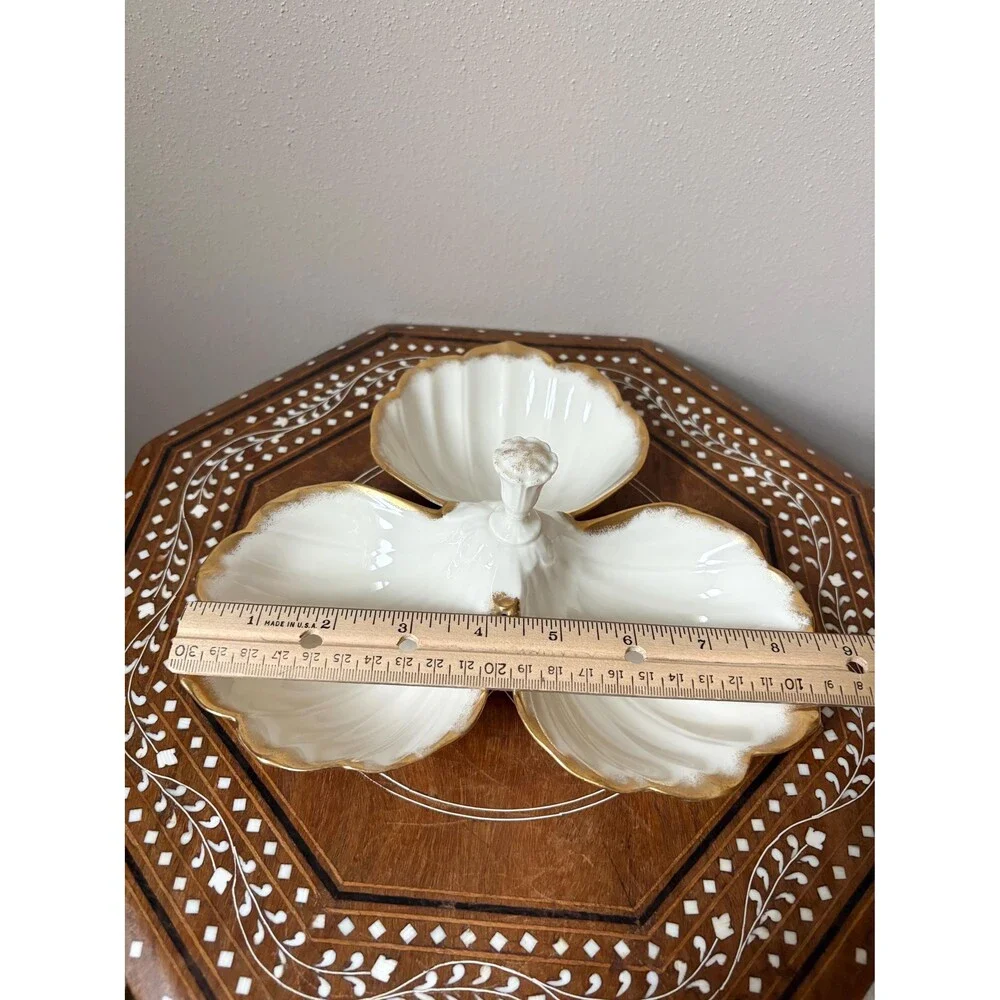 Vintage Lenox Triple Leaf Shell Dish Candy Nuts Gold Trim